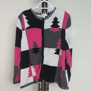 CJ Banks Black, Pink & Gray Patchwork Tree Cardigan